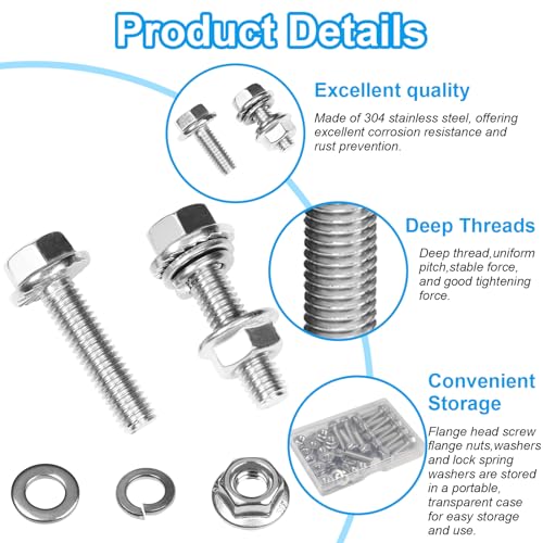 15 Sets 1/4-20 x 3/4" Flanged Hex Head Bolts Kits, 1/4-20 Flange Hexagon Screws and Nuts,Flat & Spring Lock Washers, 304 Stainless Steel 18-8,Fully Threaded - size: 1/4-20 x 3/4"