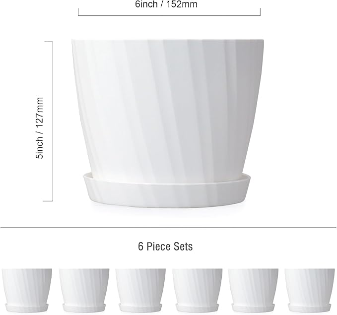 6 Inch Plant Pots Bulk, 6 Pack Plastic Planters with Drainage Holes and Saucers for Indoor Outdoor House Plants and Flowers, White