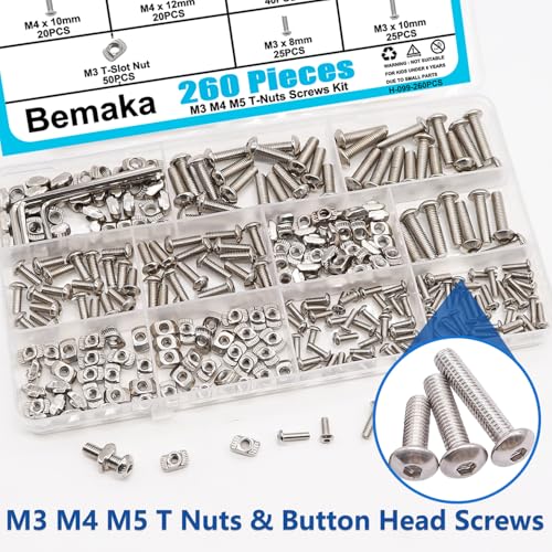 260PCS M3 M4 M5 T Nuts Screws Kit, T Slot Nuts Hammer Head Fastener with Nickel Plated Carbon Steel Button Head Screws for 2020 Series Aluminum Extrusion Profile - color: Silver-M3 M4 M5