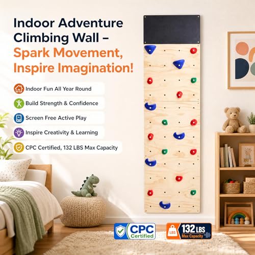 Rock Climbing Wall for Kids, 82.5 x 23.6 Inch Indoor Gym Playground Play Set with Drawing Blackboard, Wooden Climber & 18 Holds, Rock Wall for Home Gym Kids Ages 3+ Years, Easy Assembly