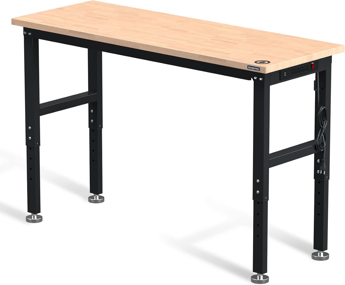 WORKPRO 60" Adjustable Workbench, Rubber Wood Top Heavy-Duty Workstation, 2000 LBS Load Capacity Hardwood Worktable with Power Outlets, for Workshop, Garage, Pack of 2
