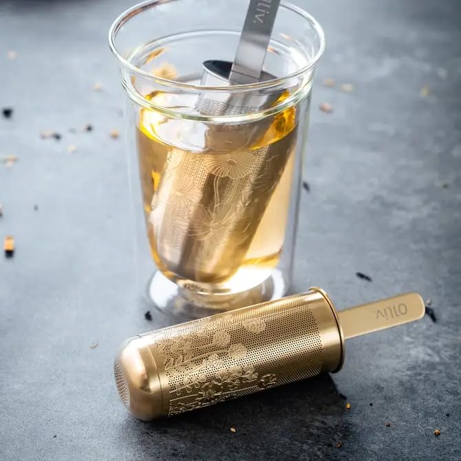 Tea Infuser Spoon For Loose Leaf Tea Stainless Steel Popsicle Tea Stick Tea Diffuser Long-Handle Tea Filter Easy to Carry Tea Strainer Pipe Tea Steeper Filter(Gold)