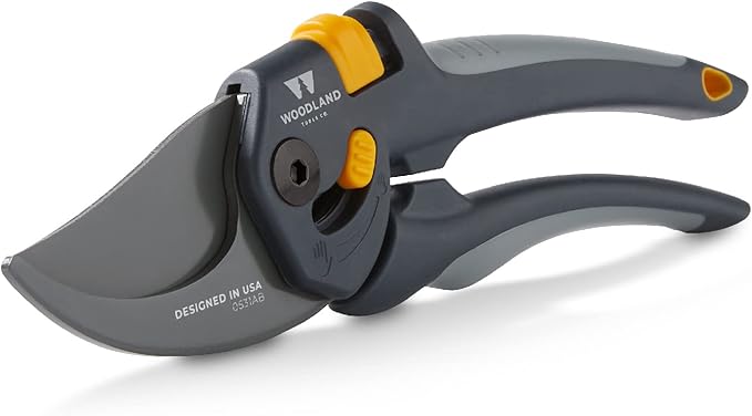 Woodland Tools Co. Heavy Duty Bypass Pruning Shears – 5/8" Cut Capacity, High Carbon Steel Blade, Internal Spring, Adjustable Grip Slider, Garden Hand Pruner for Plants, Shrubs, and Live Stems
