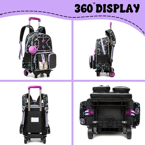 HTgroce Cute Rolling Backpack with Wheel,School Backpack for Kids Girl Roller Schoolbag Wheeled Backpacks Set Carry-on Luggage,Black K - color: Black, style: K