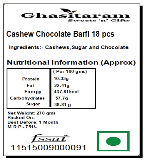 Ghasitaram Gifts Valentines Gift for Girlfriend/Boyfriend/Husband and Wife - Valentine Sweets Cashew Chocolate Barfi 18 pcs