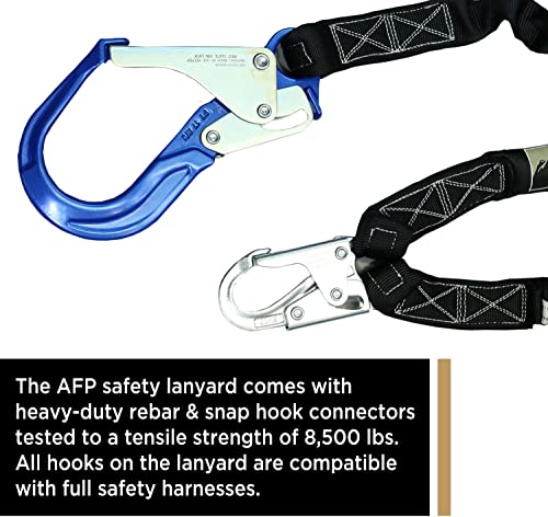 AFP 6FT Double Leg Internal Shock Absorbing Safety Fall Protection Lanyard with Dual Aluminum Pelican Rebar & Steel Snap Hook | Heavy-Duty Webbing | OSHA & ANSI Rated (Aluminum)