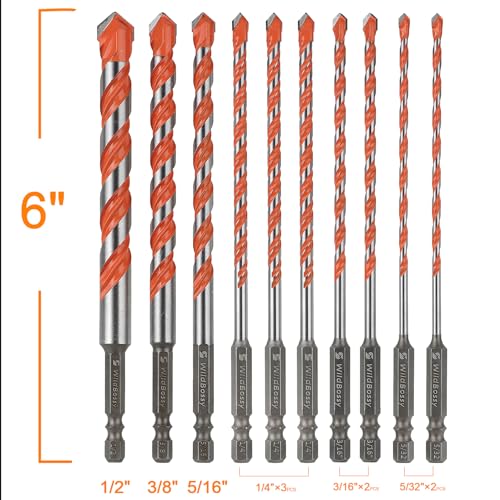 Concrete Drill Bits, 5/32" Hex Shank Masonry Bits, 10PCS | carbide masonry drill bits for concrete, brick, tile, glass, cement and plastic with hex shanks - size: 5/32"