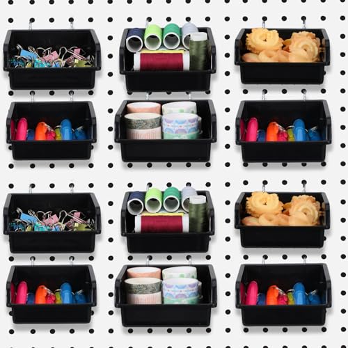 16 Pcs Black Pegboard Bins with Metal Hooks, Heavy Duty Plastic Storage Organizer, Pegboard Tools Organizer for Garage, Workshop, Craft Room, Hardware Tools
