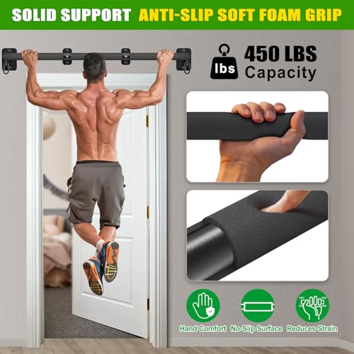 SELEWARE 32"/36" Wall Mount Pull Up Bar Joist Mount Chin Up Bar for Doorway | Heavy Duty Steel Construction Support 450 lb, w/Resistance Band Hooks, Fits 32"/36" Wall Studs for Home Gym Strength Training - size: A: 36" x 1.6" Dia Grip