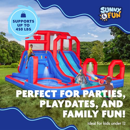 SUNNY & FUN Mega Climb N’ Go Inflatable Water Slide Park with Two Slides | Heavy-Duty Oxford Blow-Up Water Park for Kids Backyard with Deep Splash Pool, Air Blower & Carry Bag | Easy Setup & Drainage