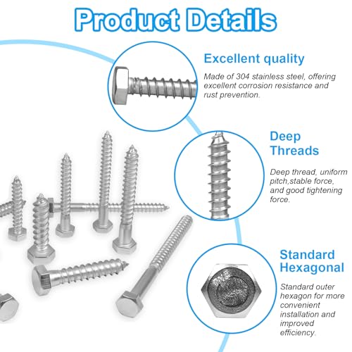 16 Pcs 5/16" x 2-1/2" Hex Head Lag Screws, 304 Stainless Steel Lag Bolts Hexagon Head Wood Screws Heavy Duty Large Screws for TV Mounts, Deck, Boat Repair - size: 5/16 x 2-1/2" (16 pcs)
