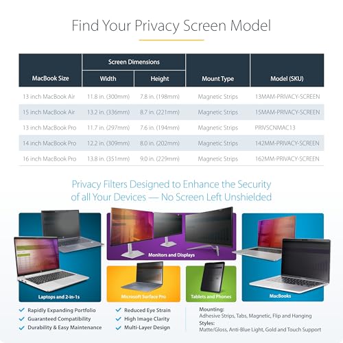 StarTech 16in MacBook Pro Magnetic Privacy Screen, Glossy Sides, Laptop | MacBook M1 M2 M3 M4 M5 Compatible, Reversible Anti-Glare Matte, Privacy Filter, +/-30 Deg. View - style: 16" MacBook Pro M1/M2/M3