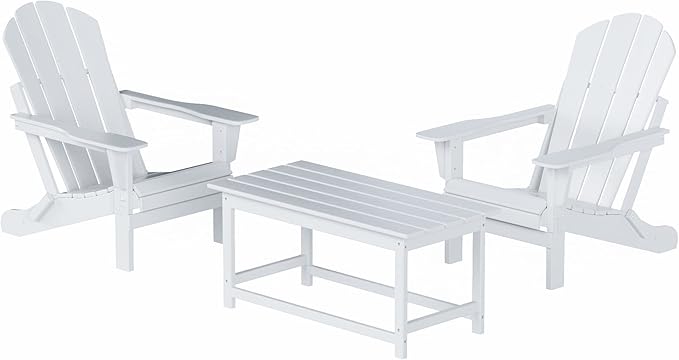 WO Home Furniture Adirondack Chairs Table Set of 3 PCS Outdoor Folding Chairs Coffee Table Weather/UV Resistant for Lawn, Garden, Bon Fire, Balcony (White)