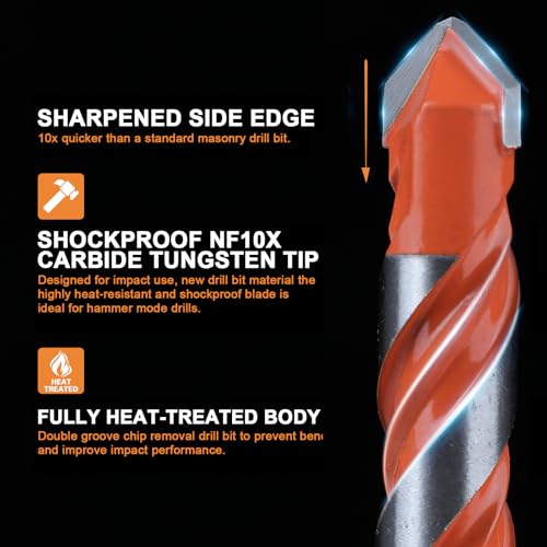 Concrete Drill Bits, 3/8" Hex Shank Masonry Bits, 5PCS | carbide masonry drill bits for concrete, brick, tile, glass, cement and plastic with hex shanks - size: 3/8 in