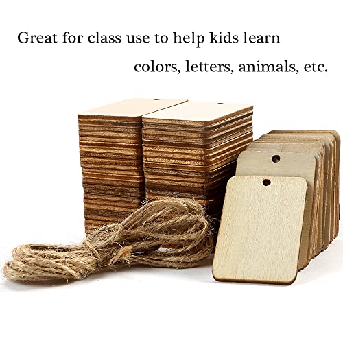 115 Pcs Unfinished Wood Pieces Rectangle-Shaped, HOOMBOOM 2 x 1.3 inch Light Wooden Cutout Natural Rustic with Hemp Rope, for Holiday Craft Projects, Hanging Decorations, Painting, Staining