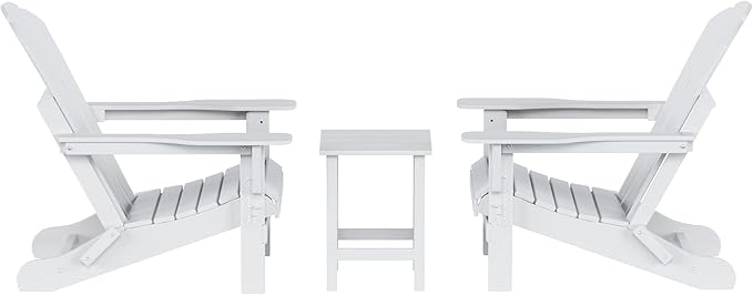 WO Home Furniture Adirondack Chairs Table Set of 3 PCS Outdoor Folding Chairs Side End Table Weather/UV Resistant for Lawn, Garden, Bon Fire, Balcony (White)