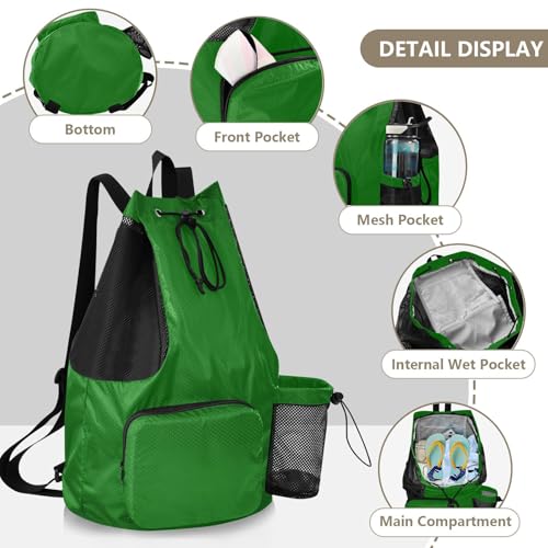 Drawstring Climbing Gym Bag With Water Bottle Pocket Drawstring Beach Backpack with Wet Dry Compartments Dark Green Solid Color Pure Plain