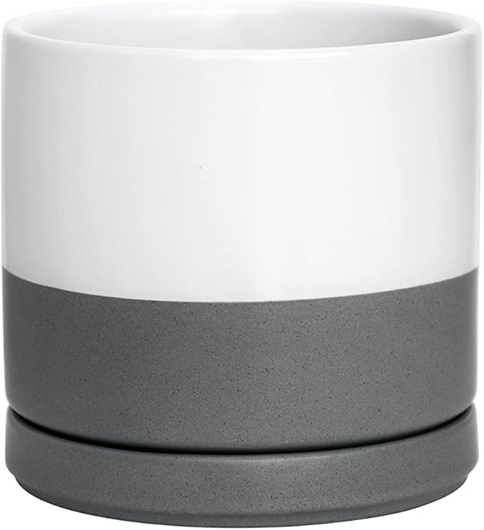 D'vine Dev Ceramic Planter Pot with Drainage Hole and Saucer, Indoor Cylinder Round Flower Pot, 4.6 Inch, White/Speckled Grey, 94-O-B-6