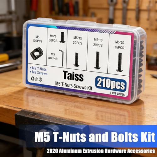 Taiss 210PCS M5 T-Nuts and Bolts Kit for 2020 Aluminum Extrusion Hardware,Hammer Head M5 T-Slot Nut,M5x8/12/16/20mm Hexagon Socket Screws with Hex Wrench - size: 210PCS M5 T-Nuts Screw Kit