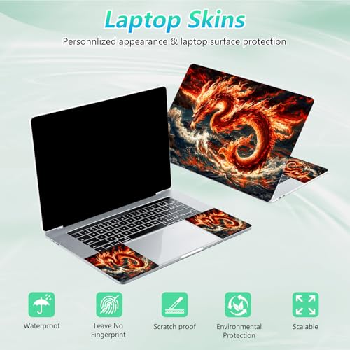 Laptop Skin Sticker Decal 12"-15.6" Universal Laptop/Notebook/Netbook Vinyl - Waterproof Scratch Resistant,Fits HP Dell Lenovo MacBook,2 Free Wrist Pads,Easy Apply & Remove,Fire Dragon Ocean - color: Fire Dragon Ocean