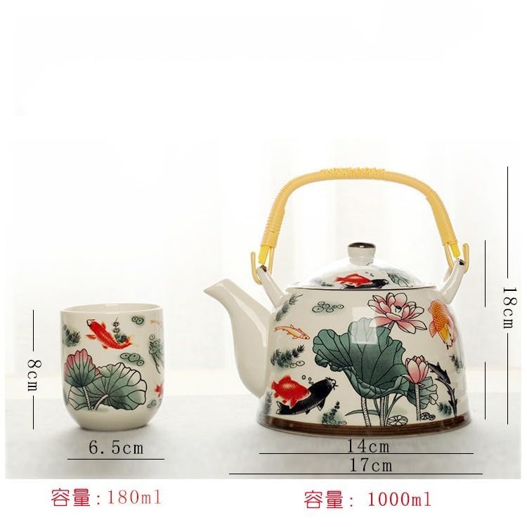 MOZEO 27oz Large Teapot Set Ceramic Tea Maker with Stainless Steel Infuser for Loose Leaf Tea or Bags Tilting Pot Floral Tea Kettle with 6pcs Cups (Lotus)