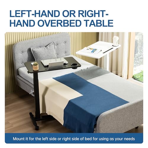 Adjustable Overbed Table with Wheels, Over Bed Tray with Cup Holder | Rolling Medical Adjustable Height Standing Laptop Desk, Portable Hospital Bedside Tables, Pneumatic Computer Cart| White - color: White