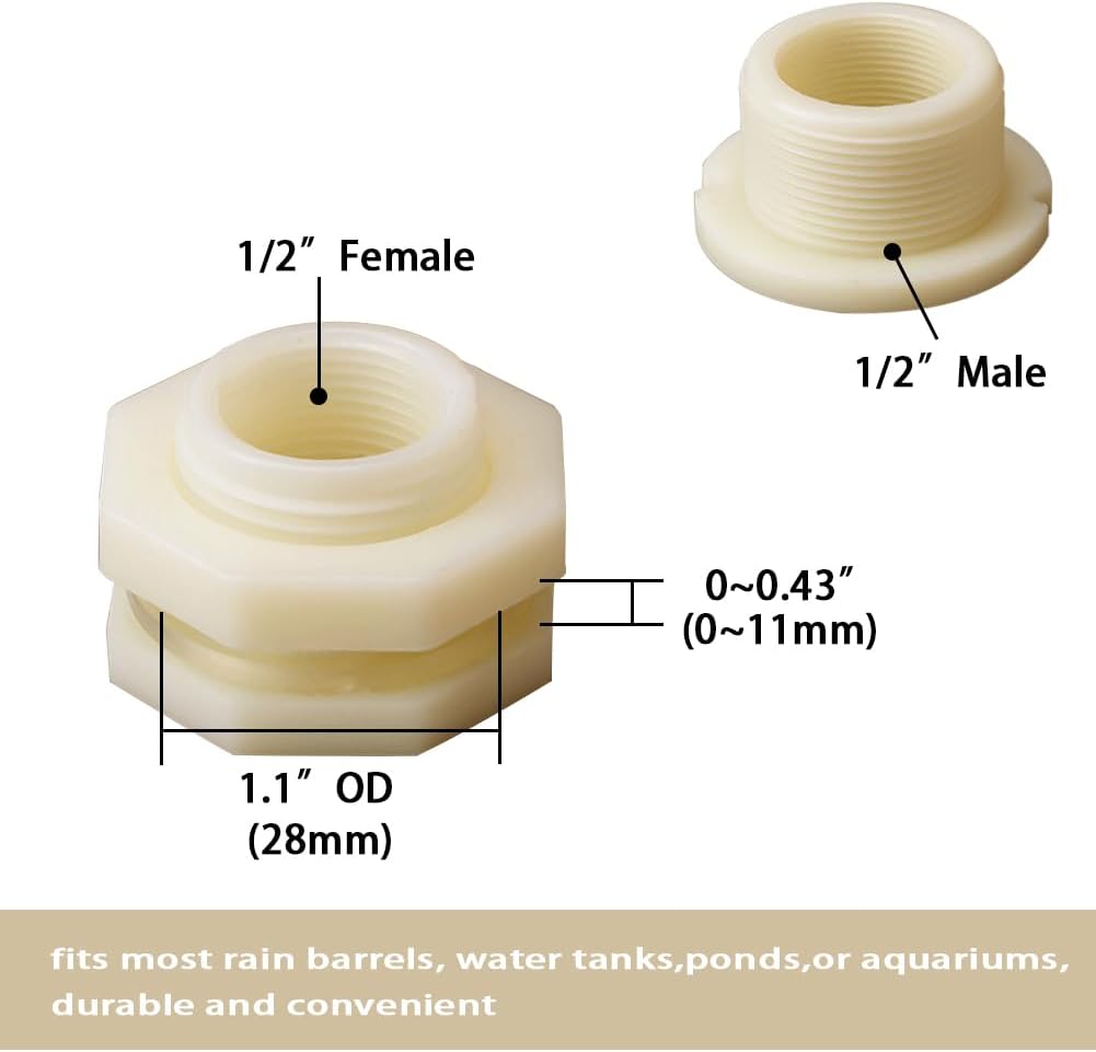1/2 Female ABS Bulkhead Fitting, Plastic Water Tank Connector Adapter Fitting with Plugs for Outdoor rain Barrel Garden Hose Adapter Spigot kit Water Tank Gallon Drain Bucket(Set of 4)