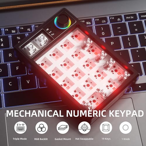 KEYCOOL K19 Wireless Numeric Keyboard, Mechanical Number Keypad Hot-swappable Bluetooth Numpad 5.0/2.4GHz, RGB Multi-Function Knob Numerical Keyboard for Laptop Mac Win iOS Android - color: Black 19 Key