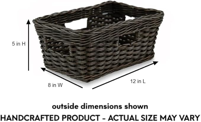 The Basket Lady Rectangular Low Wicker Storage Basket, Small, 12 in L x 8 in W x 5 in H, Antique Walnut Brown