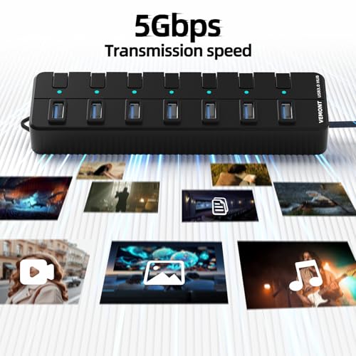 USB hub,7 Port USB 3.0 Hub,VEMONT USB Splitter with Individual On/Off Switches and Lights, 4ft/1.2m USB HUB Long Cable, USB Extension for Laptop and PC Computer