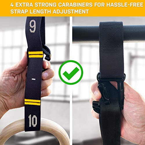 Quick Adjust Numbered Straps for Gymnastic Rings - Carabiner System and Exercise Video Guide for Full Body Workout, Calisthenics, and Home Gym