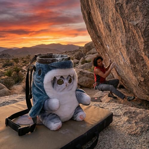 Cat Rock Climbing Chalk Bag, Fun Plush Animal Chalk Pouch with Drawstring, Adjustable Waist Belt for Indoor Outdoor Bouldering Sport Climbing - style: Small Grey Shark Cat