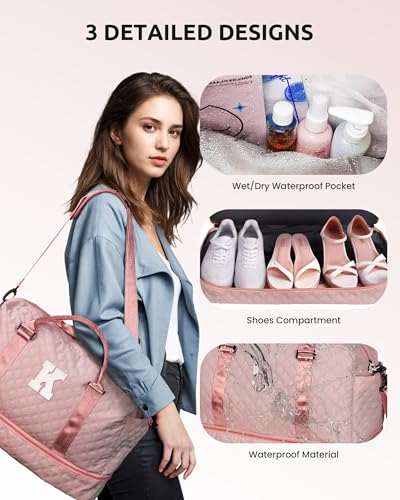 Appreciation Gifts for Women-Duffle Bag with Shoe Compartment | Personalized Weekender Bag, Overnight Bags, Letter Travel Bags with Makeup bag，Birthday Gift for Daughter Teacher (Letter O) - color: Pink, style: O