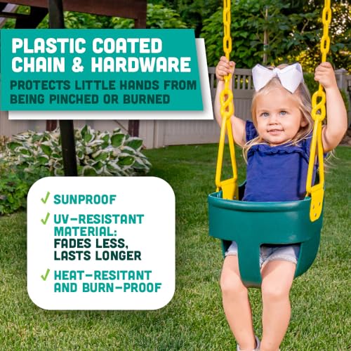 Premium High Back Full Bucket Toddler Swing Seat with Finger Grip, Plastic Coated Chains and Carabiners for Easy Install - Green - Squirrel Products - color: Green