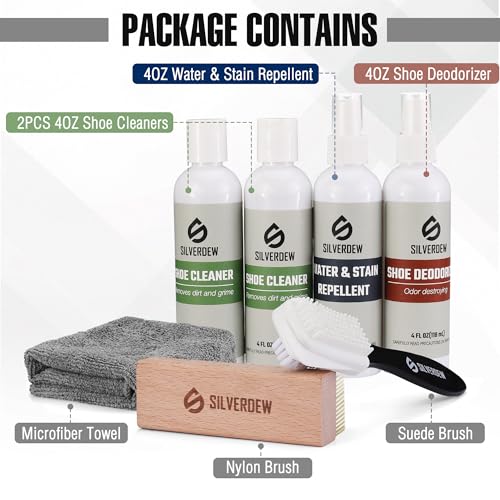 7PCS Shoe Cleaning Kit | 2 Bottles Cleaner, Deodorizer, Protector, 2 Brushes, Microfiber Towel, For Sneaker, Leather, Nubuck, Suede, Mesh & Canva