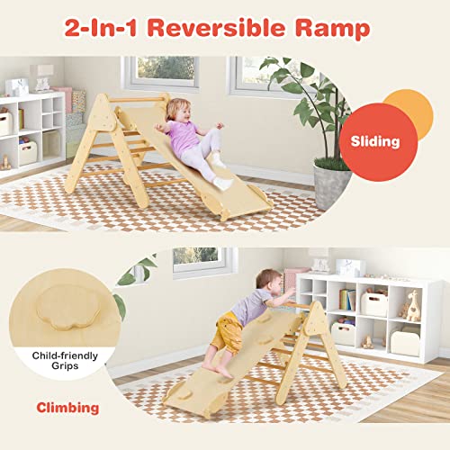 HONEY JOY 5 in 1 Wooden Climbing Toys for Toddlers, Triangle Climber with Ramp for Sliding or Climbing, Indoor Beech Montessori Triangle Climbing Arch Set for Daycare, Gym & Playground, Natural - style: 5 In 1