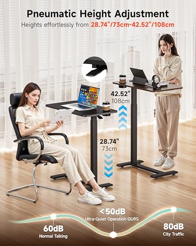BIZUM Adjustable Bedside Table with Swivel Hidden Wheels Pneumatic Rolling Desk Mobile Standing Desk with Cup Holder for Hospital Home(31.5"x15.8" Walnut) - color: Walnut, size: 31.5"x15.8"