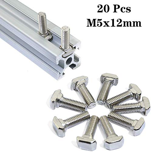 20 Pcs M5 x 12mm Thread T Slot Drop-in Bolt T-Bolt Hammer Head Bolt T Screw Stud for 2020 Series Standard 6mm T-Slot Aluminum Extrusion Profile (2020 Series) - size: 20-M5x12mm