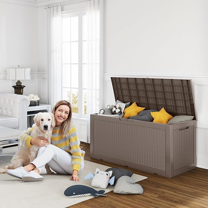 100 Gallon Outdoor Storage Box – Waterproof Deck Box for Garden & Patio,Light Brown