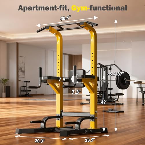 DlandHome Power Tower Pull Up Bar Station, 10 Level Adjustable Height | Heavy Duty Pull Up Dip Station for Home Gym Strength Training Equipment, Comfortable Backrest, 330LBS Weight Capacity - color: Yellow