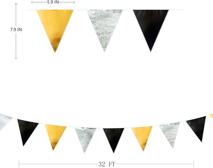Black Gold Silver Party Decoration Triangle Pennant Banner Flag Metallic Fabric Bunting Garland for Birthday Graduation Anniversary Wedding Bridal Shower Bachelorette Engagement Disco Party Supplies