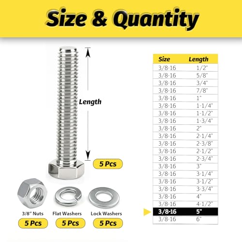 5 Sets 3/8-16x5 Bolt and Nut Set, Flat & Lock Washers Included,20PCS | 304 Stainless Steel 3/8-16 Bolt, Precision Fasteners Mechanical Assembly Equipment Repair & DIY - size: 3/8-16x5" 5sets
