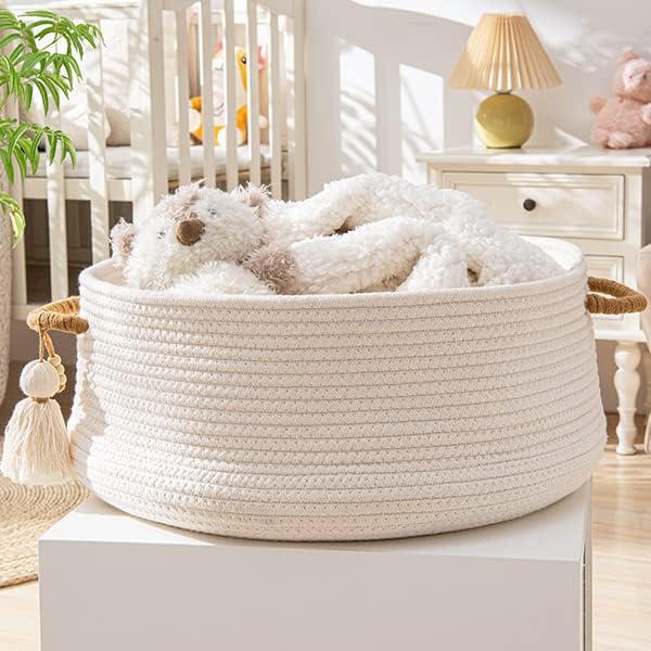 KAKAMAY Woven Baskets for Storage(16"x8"),Blanket Basket for Organizing Living Room,Cotton Rope Basket Woven Baby Laundry Hamper,Collapsible Laundry Room Organization,Clothes,Toy Chest(White)