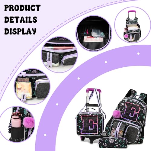 HTgroce Cute Rolling Backpack with Wheel,School Backpack for Kids Girl Roller Schoolbag Wheeled Backpacks Set Carry-on Luggage,Black E - color: Black, style: E
