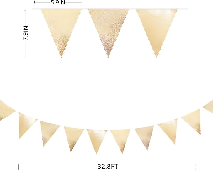 Champagne Gold Party Decoration Metallic Fabric Triangle Pennant Banner Flag Bunting Garland for Birthday Engagement Bridal Shower Wedding Anniversary Graduation Bachelorette Party Decoration Supplies