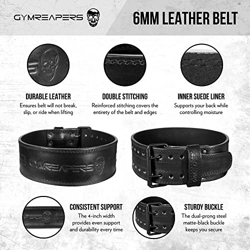 Gymreapers Weightlifting Belt 6MM Genuine Leather - Double Prong Power Belt Heavy Duty 4-Inch Wide - Strong, Stabilizing Back Support For Deadlifts, Squats Powerlifting - size: 2X-Large
