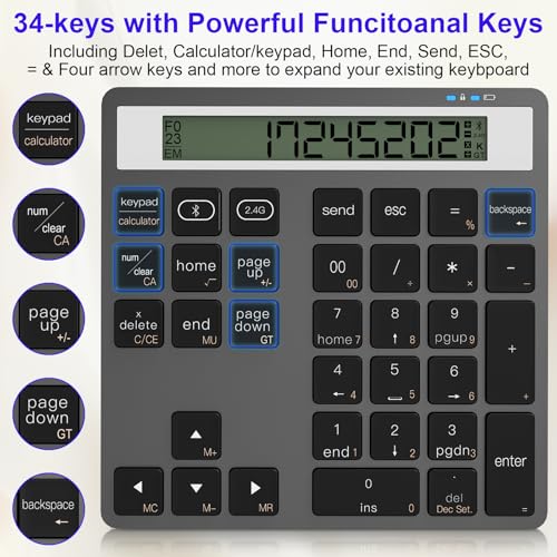 Numeric Keypad Bluetooth Number Pad - with Display Calculator Bluetooth Wireless Numpad Keyboard 2 in 1 Data Entry + Calculation, Slim 34 Keys External Number Keypad for Laptop Macbook Mac Surface PC