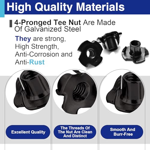 48PCS 3/8"-16 T Nuts for Wood, Carbon Steel 4-Prong Tee Nuts | Threaded inserts for wood panels, furniture and climbing wall holds - color: 48 Pack 3/8"-16