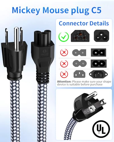 3 Prong Power Cord Nylon Braided Replacement Power Cable for Laptops/Notebook, TVs, Monitors, LG LED LCD Smart 1080p HDTV,Toshiba, Acer, Asus, Scanners, Printer AC Cable-3.3Ft/1M - size: 3.3 feet
