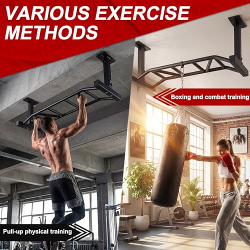 Strength Training Pull-Up Bars 47 Inch Ceiling Mount Pull Up Bar Fitness Trainer Adjustable Height Heavy Duty Multi-Grip Chin Up Bar Home Gym Equipment
